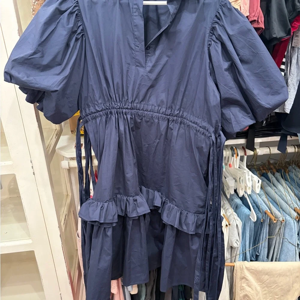 Blue Puff-Sleeve Ruffle Shirt Dress - Beulahstyle - Picture 6 of 7